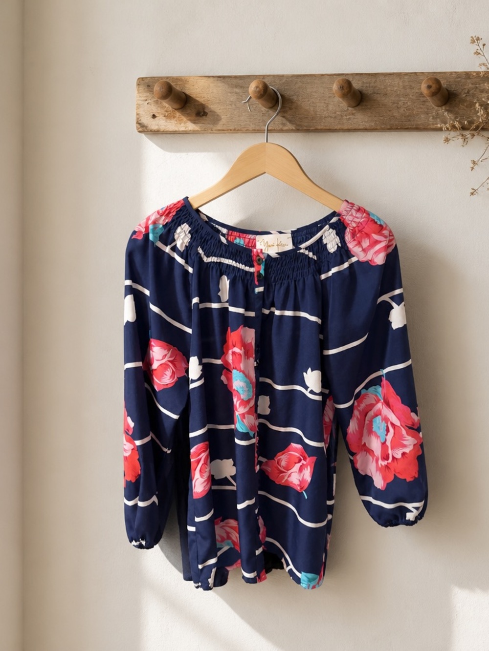 Yumi Kim Navy Floral Stripe Peasant Top